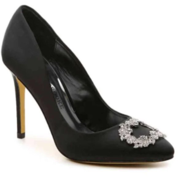 Audrey Brooke Shoes - Audrey Brooke Black Satin Brooch Pump